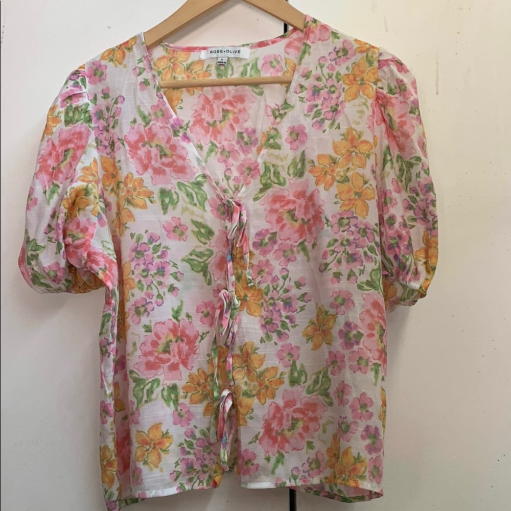 Rose & Olive Cream and Pink Puff Sleeve Blouse